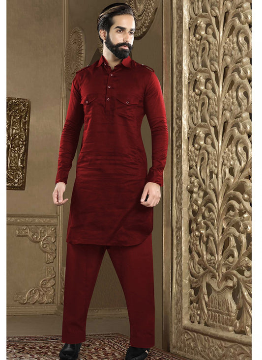 Plain Art Dupion Silk Maroon Kurta Pyjama - M1374