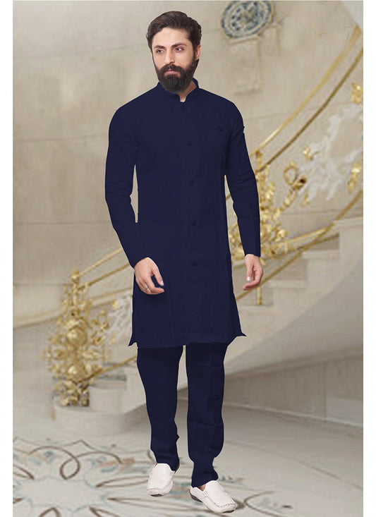 Plain Art Dupion Silk Navy Blue Kurta Pyjama - M1371