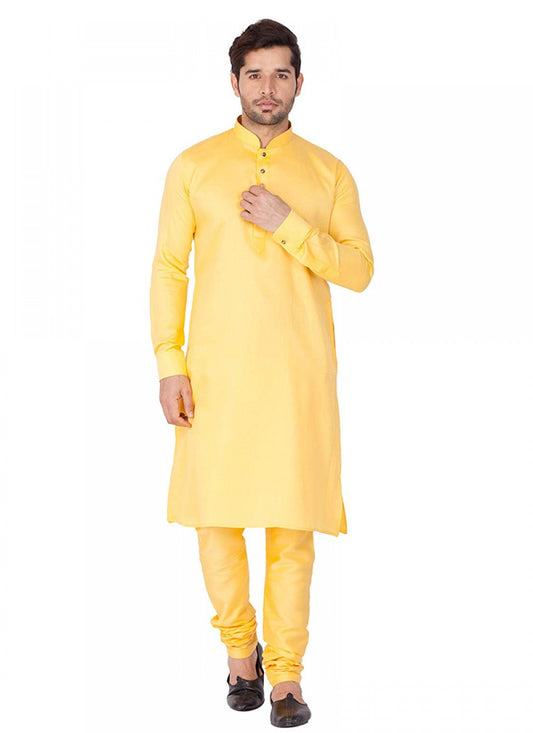 Plain Art Dupion Silk Yellow Kurta Pyjama - M1135