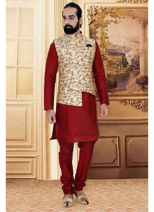 Plain Art Silk Maroon Kurta Payjama With Jacket - M1711