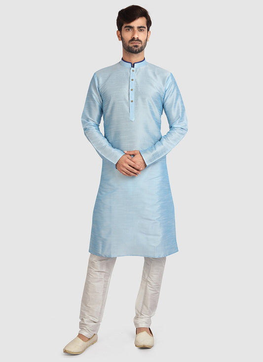 Plain Art Silk Aqua Blue Kurta Pyjama - M3414