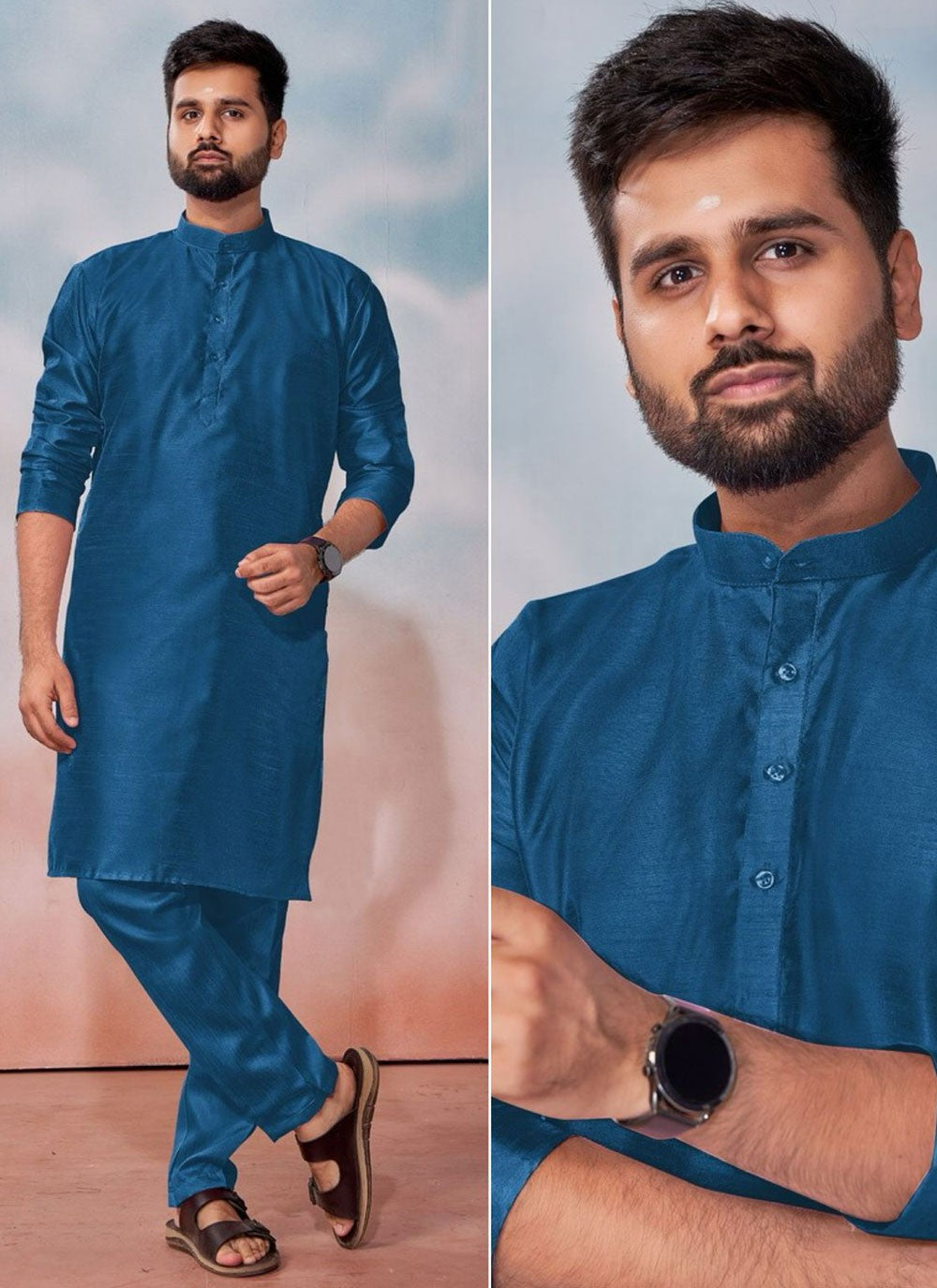 Plain Banglori Silk Blue Kurta Pyjama - M8235