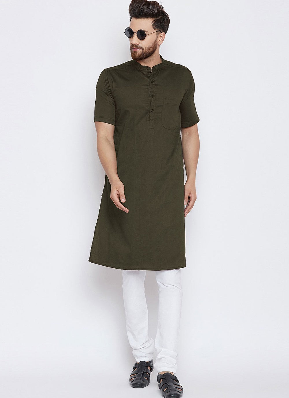 Plain Blended Cotton Green Kurta Pyjama - M4487