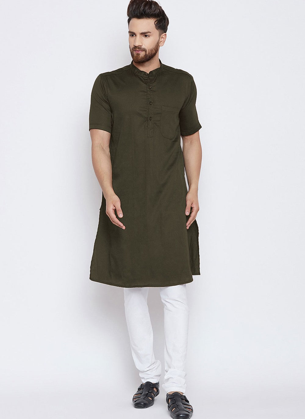 Plain Blended Cotton Green Kurta Pyjama - M4487