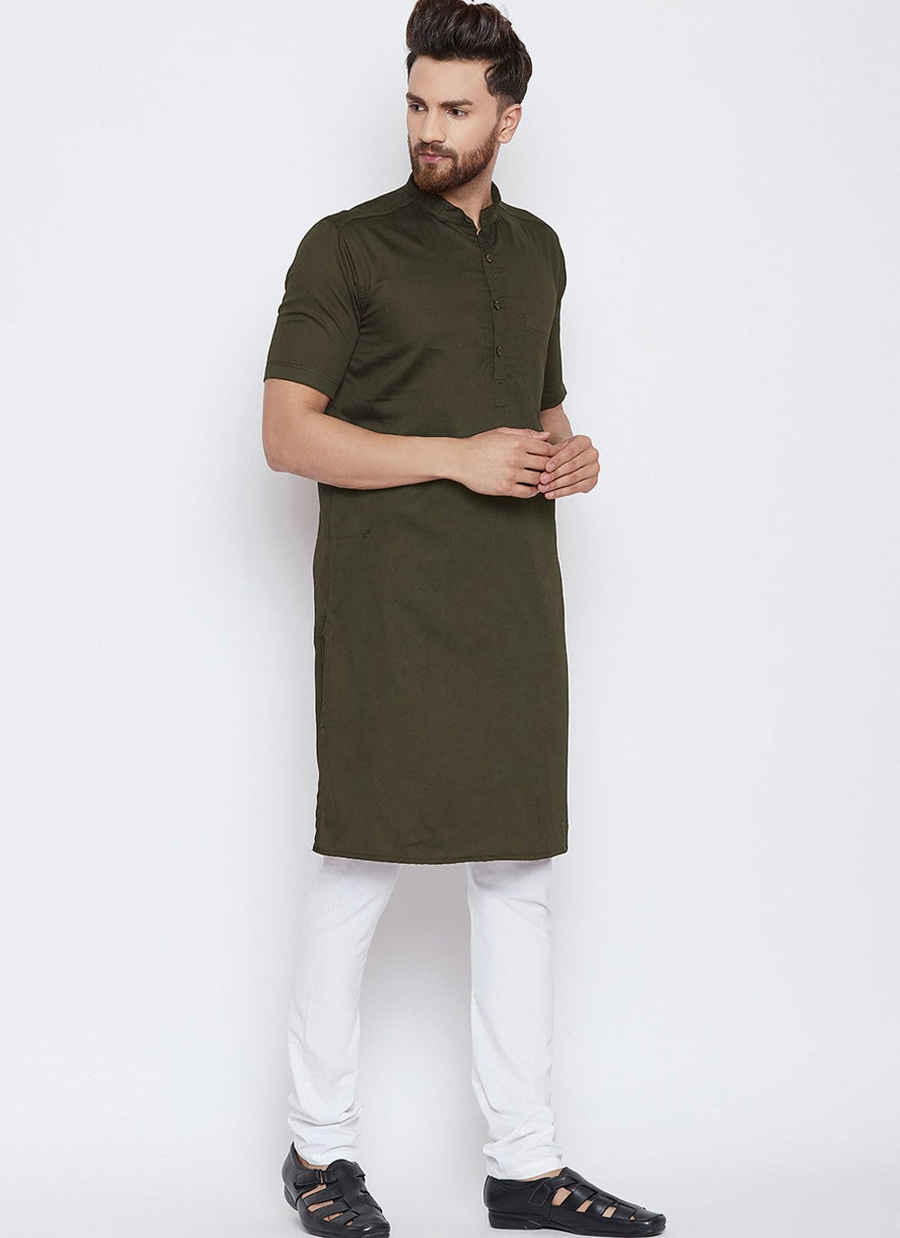 Plain Blended Cotton Green Kurta Pyjama - M4487