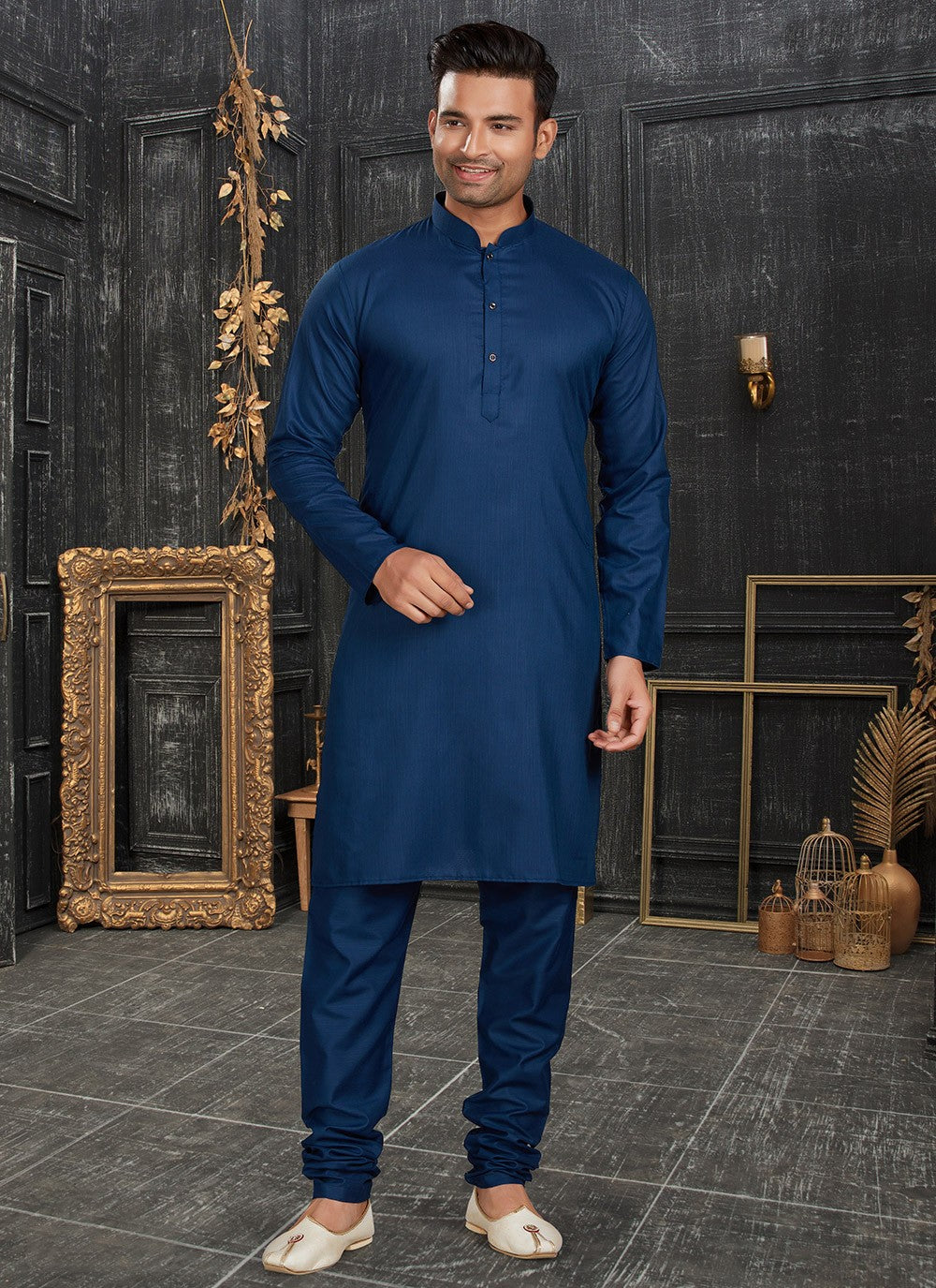 Plain Cotton Blue Kurta Pyjama - M4355