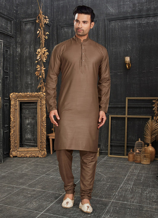 Plain Cotton Brown Kurta Pyjama - M4357