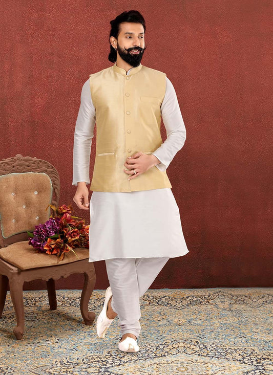 Plain Dupion Silk Beige, Off White Kurta Payjama With Jacket - M2555