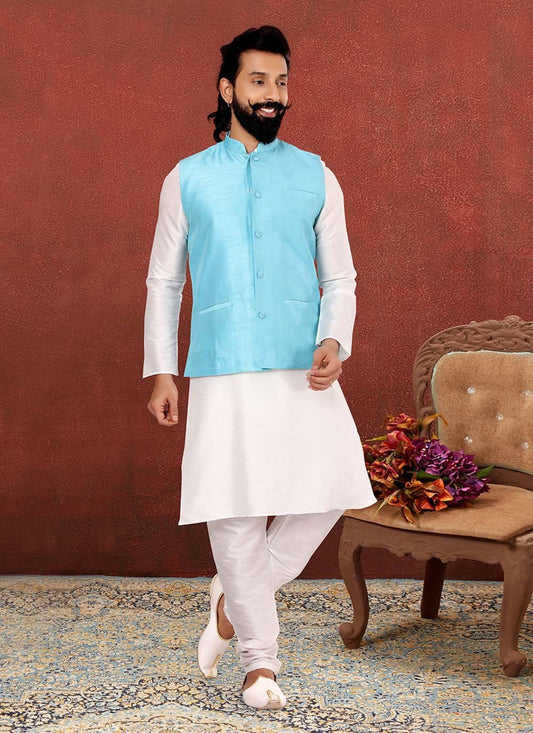 Plain Dupion Silk Off White, Turquoise Kurta Payjama With Jacket - M2541