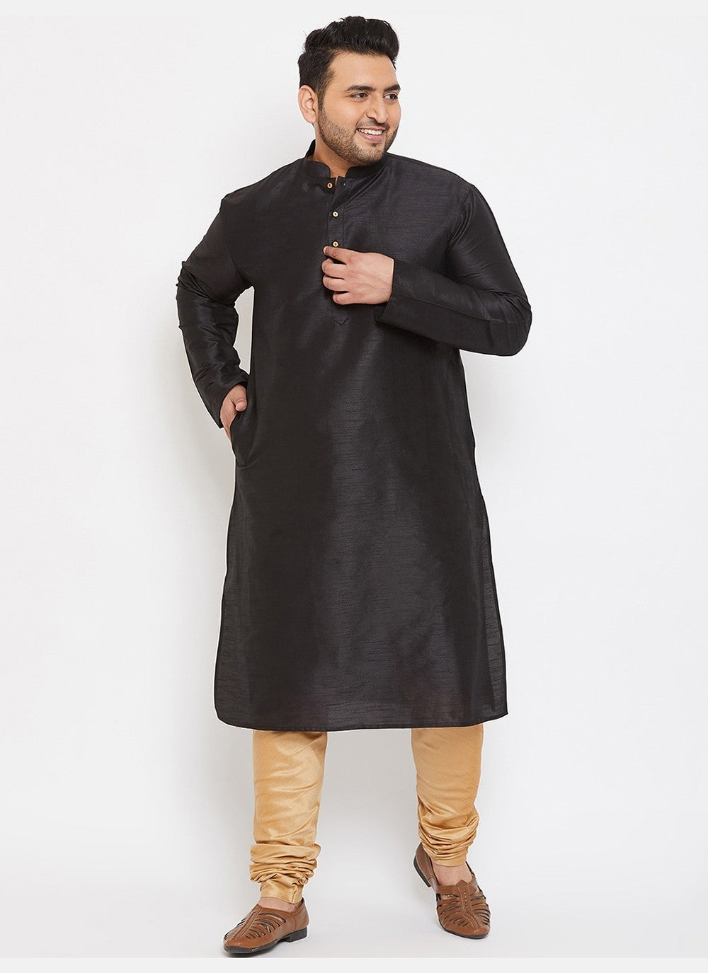 Plain Dupion Silk Black Kurta Pyjama - M2633