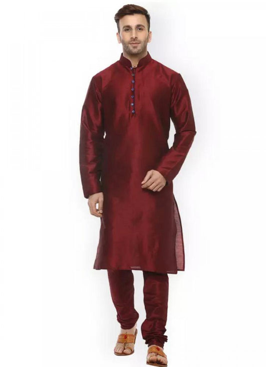 Plain Dupion Silk Maroon Kurta Pyjama - M1045