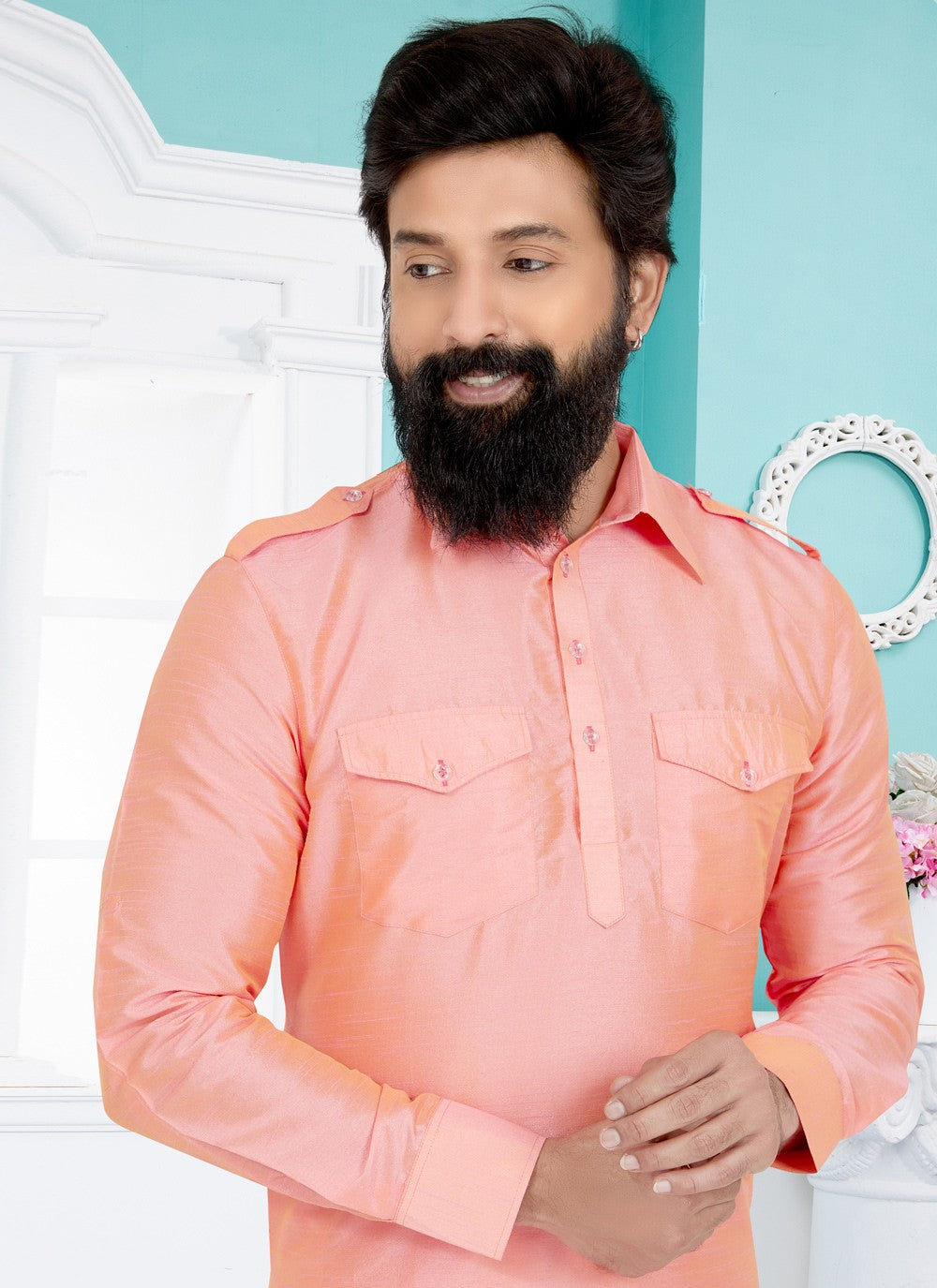 Plain Dupion Silk Pink Kurta Pyjama - M5030