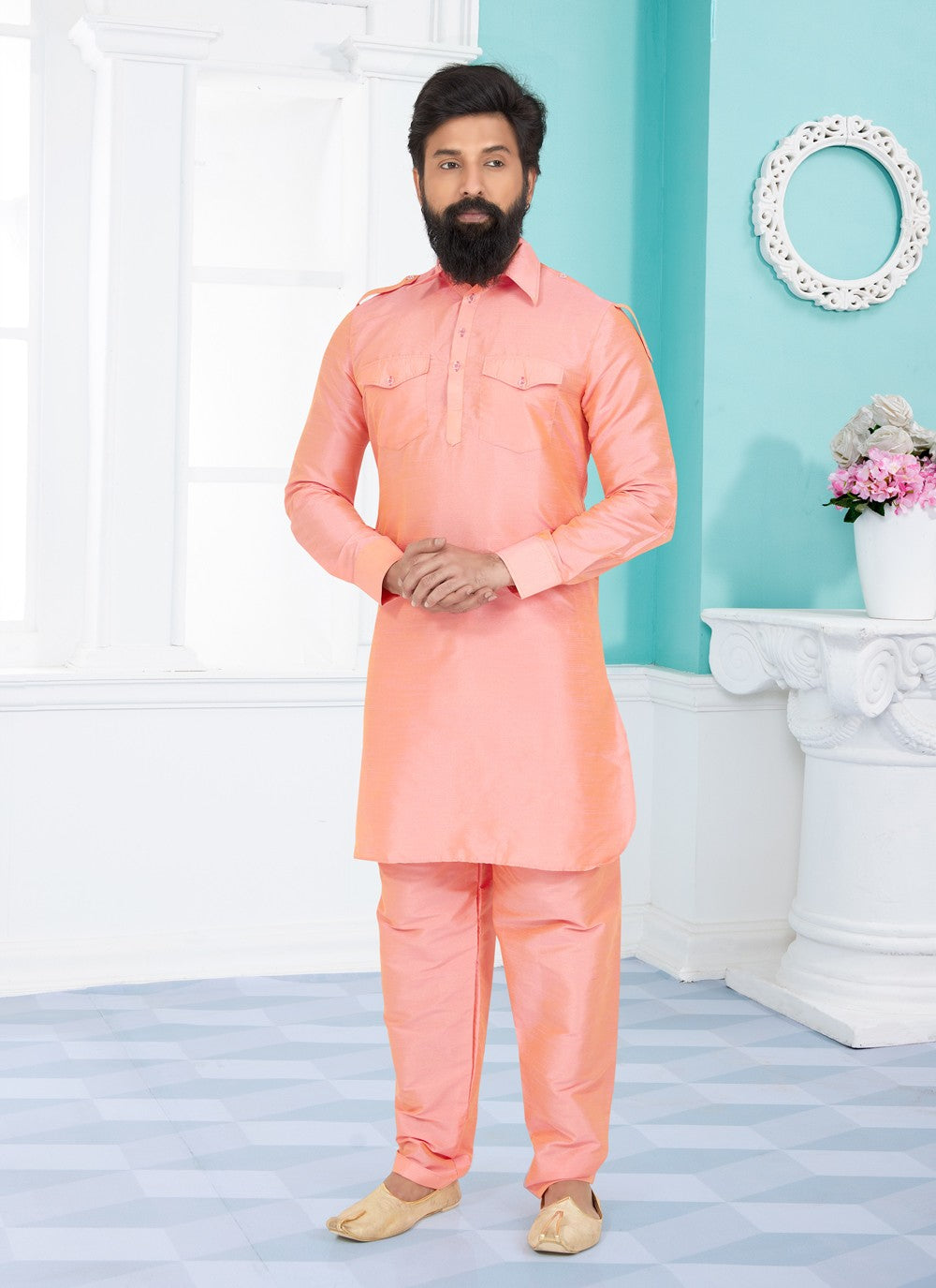 Plain Dupion Silk Pink Kurta Pyjama - M5030