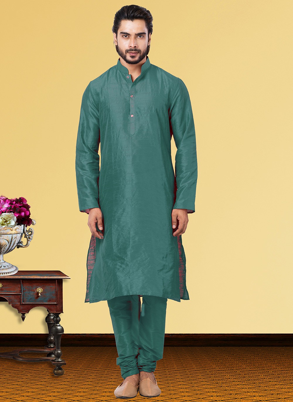 Plain Dupion Silk Sea Green Kurta Pyjama - M3682