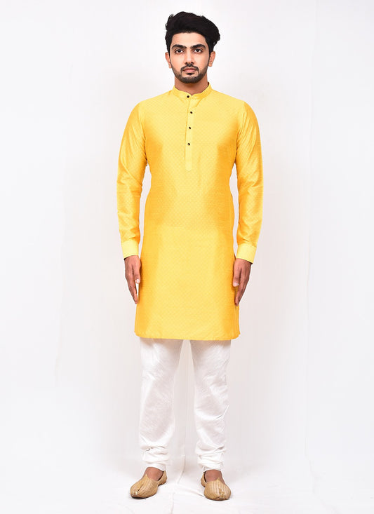 Plain Jacquard Silk Yellow Kurta Pyjama - M3253