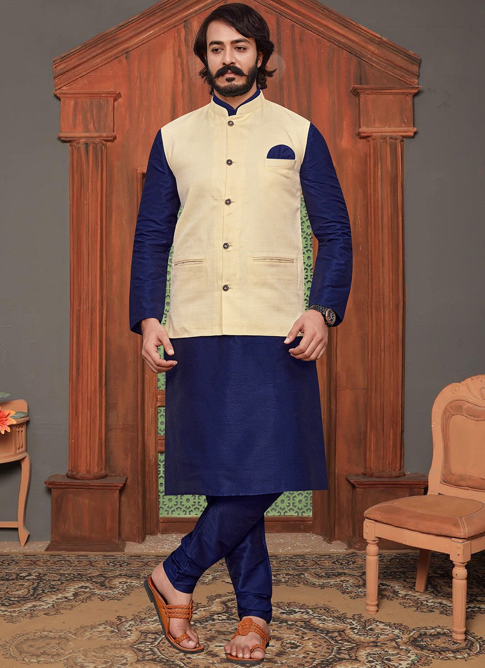 Plain Art Silk, Jute Silk Blue, Cream Kurta Payjama With Jacket - M2046