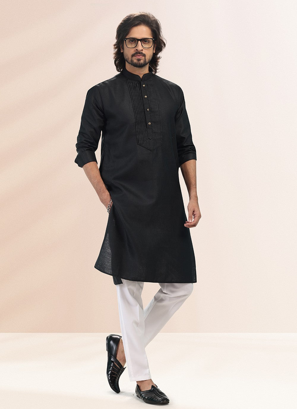 Plain Cotton , Linen Black Kurta Pyjama - M4907