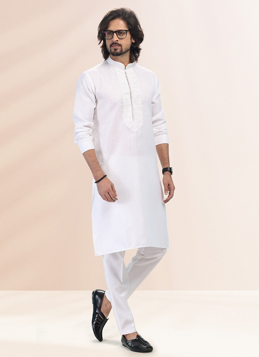 Plain Cotton , Linen Off White Kurta Pyjama - M4898