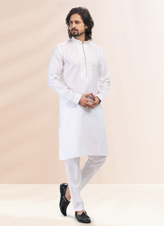 Plain Cotton , Linen Off White Kurta Pyjama - M4898