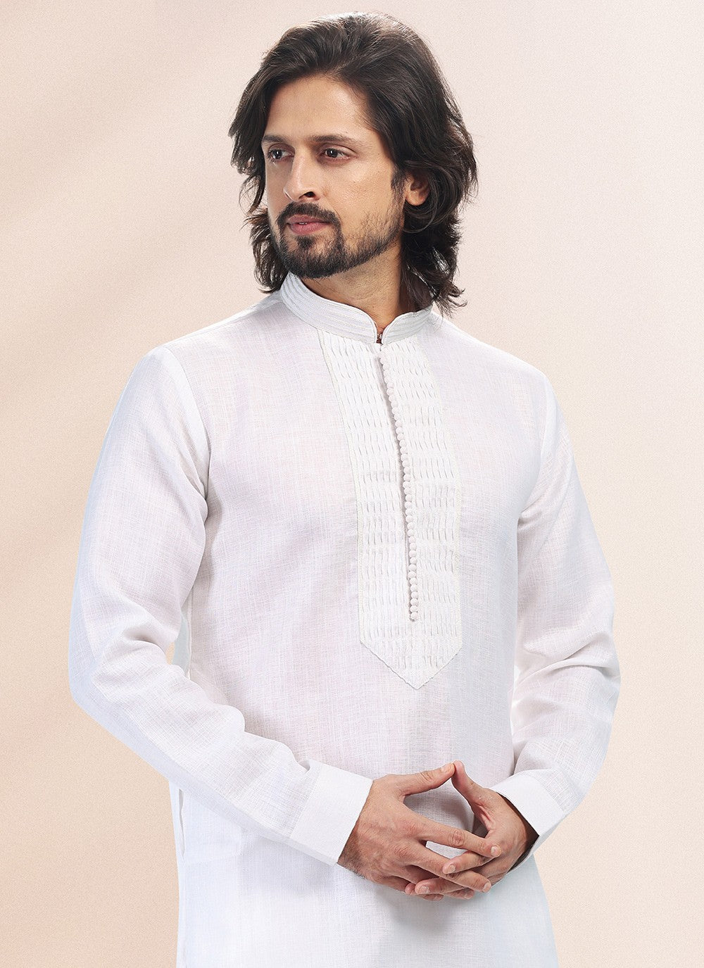 Plain Cotton , Linen Off White Kurta Pyjama - M4898