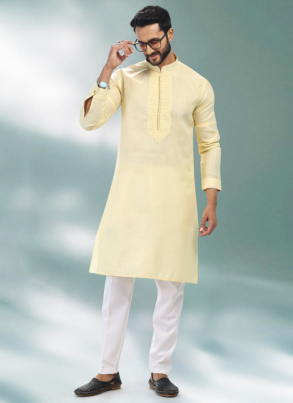 Plain Cotton , Linen Yellow Kurta Pyjama - M4899