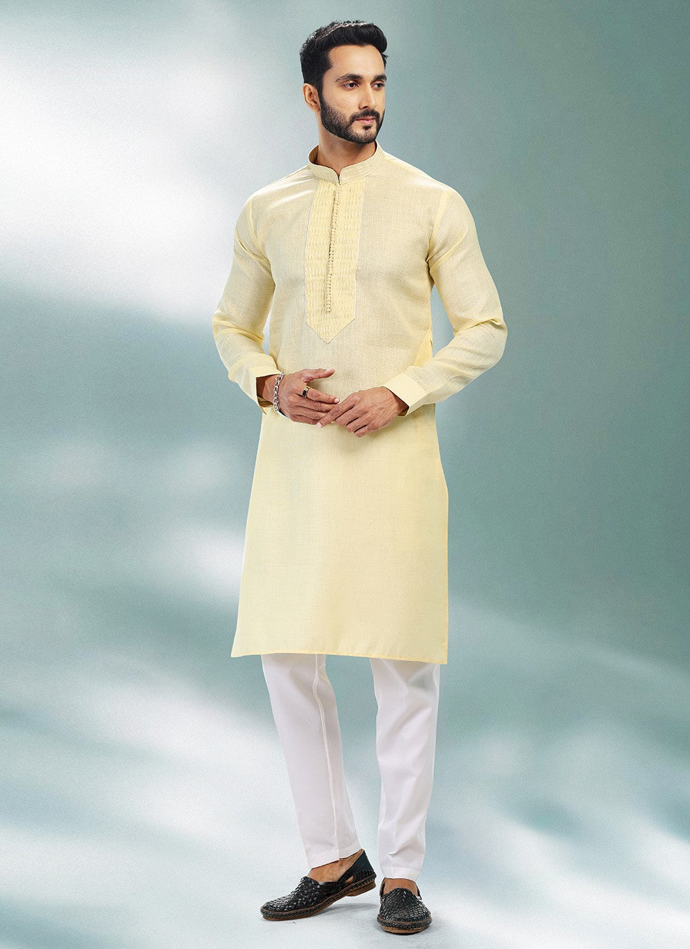 Plain Cotton , Linen Yellow Kurta Pyjama - M4899