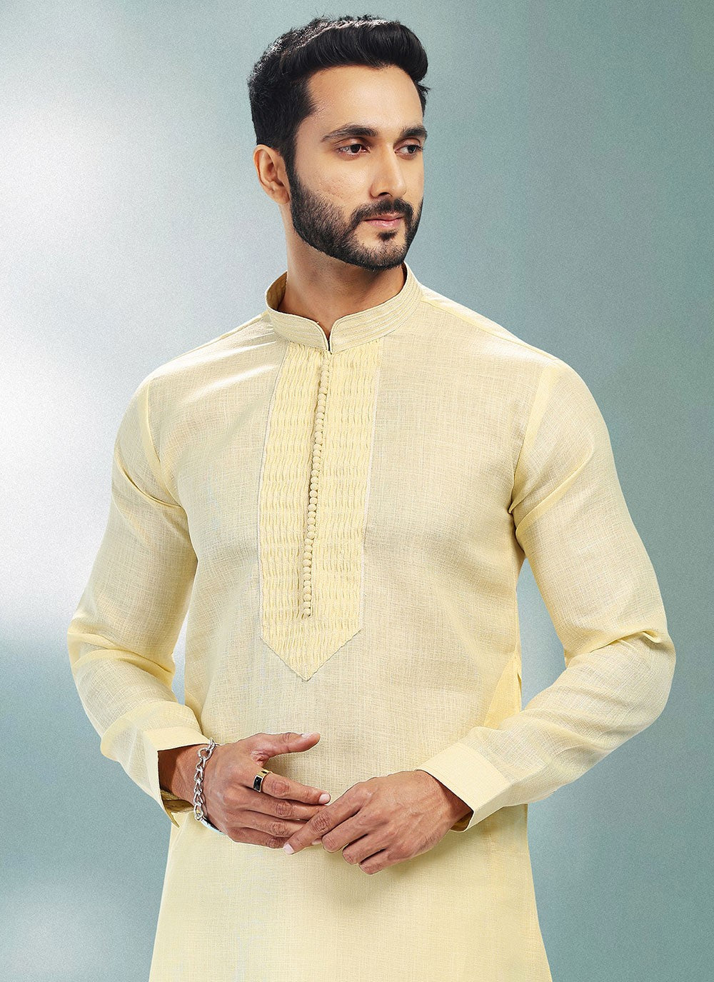 Plain Cotton , Linen Yellow Kurta Pyjama - M4899