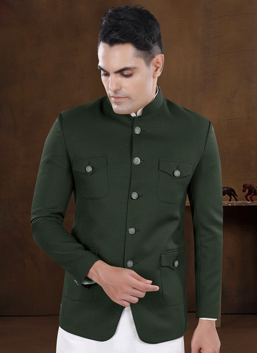 Plain Silk, Viscose Green, Off White Kurta Payjama With Jacket - M8215