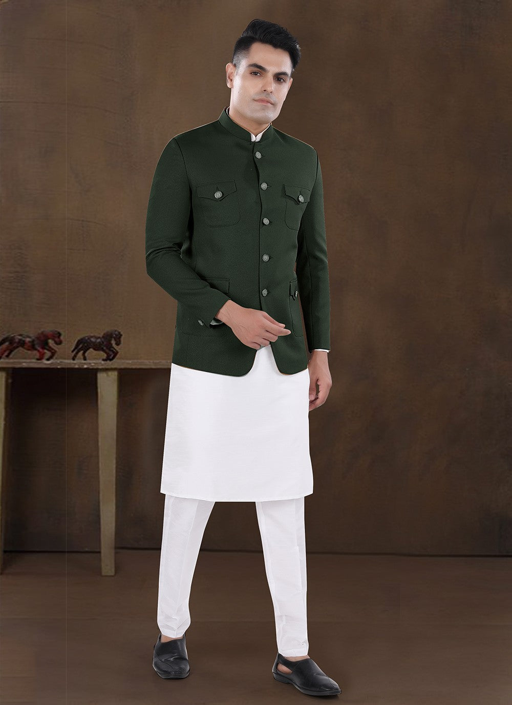 Plain Silk, Viscose Green, Off White Kurta Payjama With Jacket - M8215