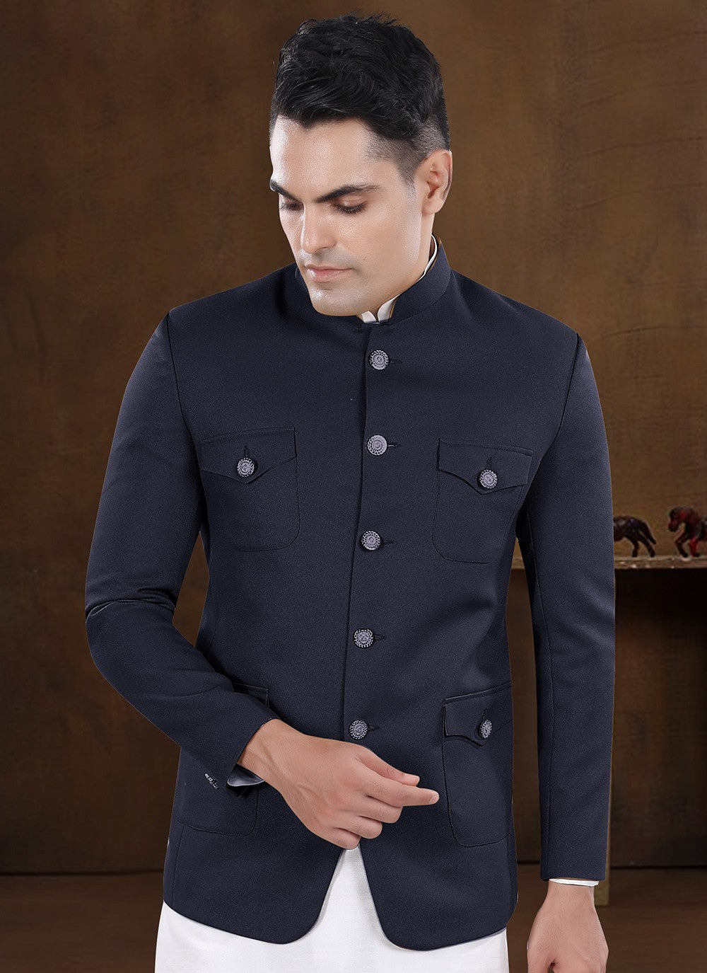 Plain Silk, Viscose Navy Blue Kurta Payjama With Jacket - M8192