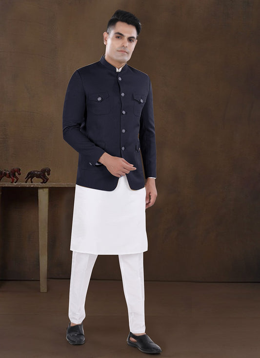 Plain Silk, Viscose Navy Blue Kurta Payjama With Jacket - M8192