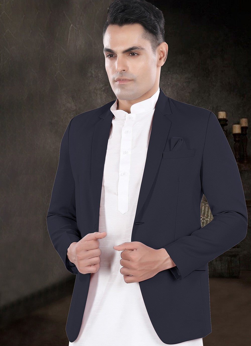 Plain Silk, Viscose Navy Blue, Off White Kurta Payjama With Jacket - M8178