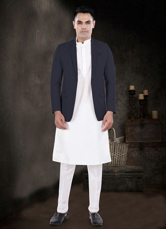 Plain Silk, Viscose Navy Blue, Off White Kurta Payjama With Jacket - M8178