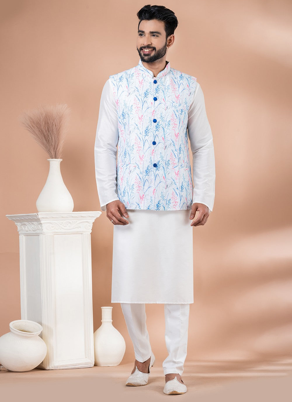 Digital Print Viscose Multi Colour, White Kurta Payjama With Jacket - M7742