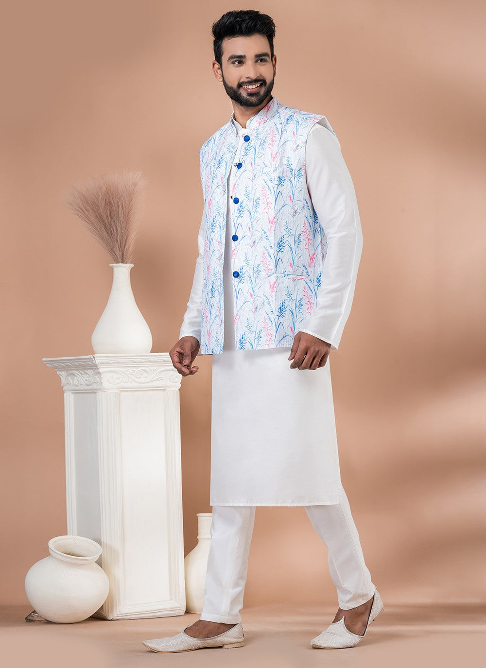 Digital Print Viscose Multi Colour, White Kurta Payjama With Jacket - M7742