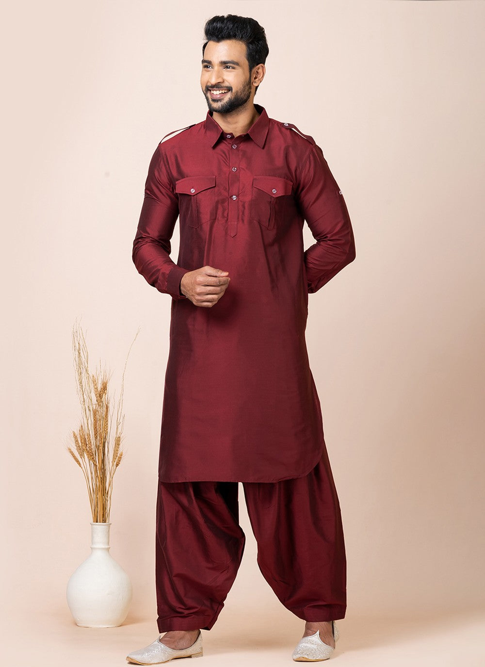 Plain Viscose Maroon Kurta Pyjama - M7469