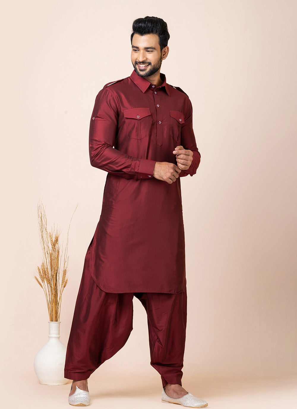 Plain Viscose Maroon Kurta Pyjama - M7469