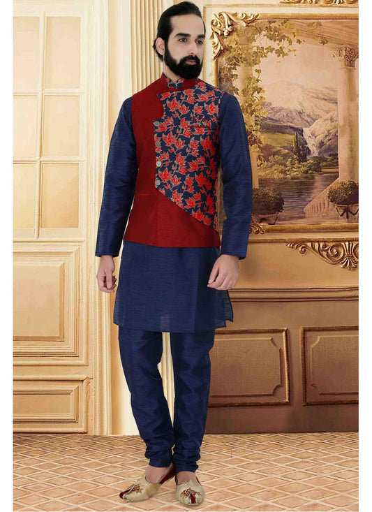 Weaving Zari Polly Cotton Blue Kurta Payjama With Jacket - M1543