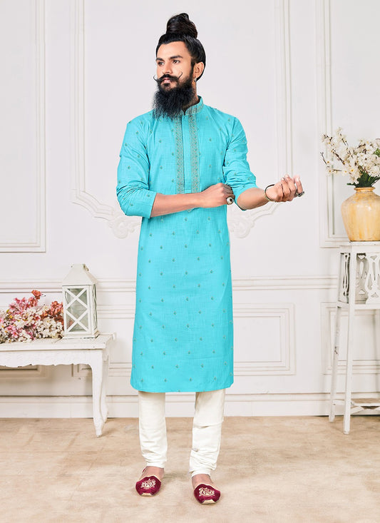 Embroidered Polly Cotton Aqua Blue Kurta Pyjama - M2470