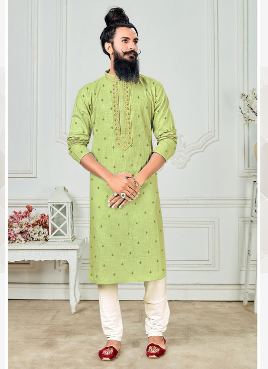 Embroidered Polly Cotton Green Kurta Pyjama - M2467