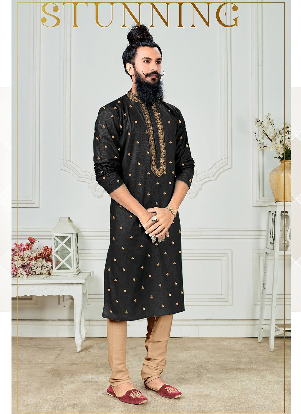 Embroidered Polly Cotton Black Kurta Pyjama - M2468