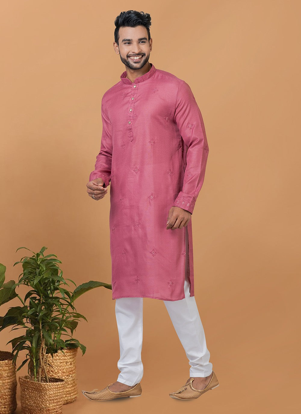 Embroidered Polly Cotton Pink Kurta Pyjama - M6261