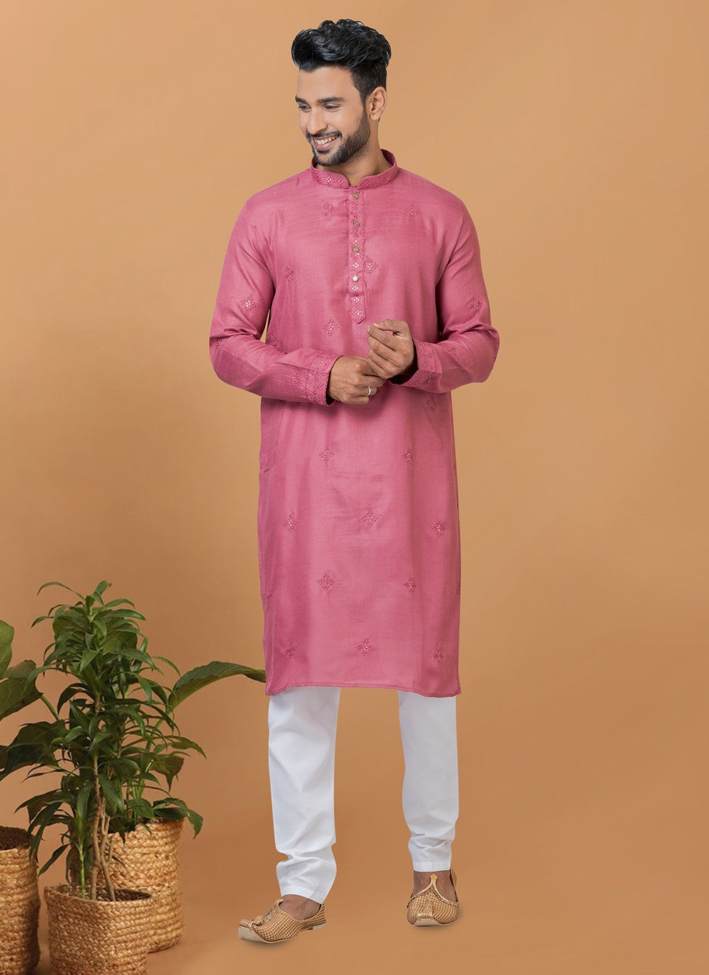 Embroidered Polly Cotton Pink Kurta Pyjama - M6261