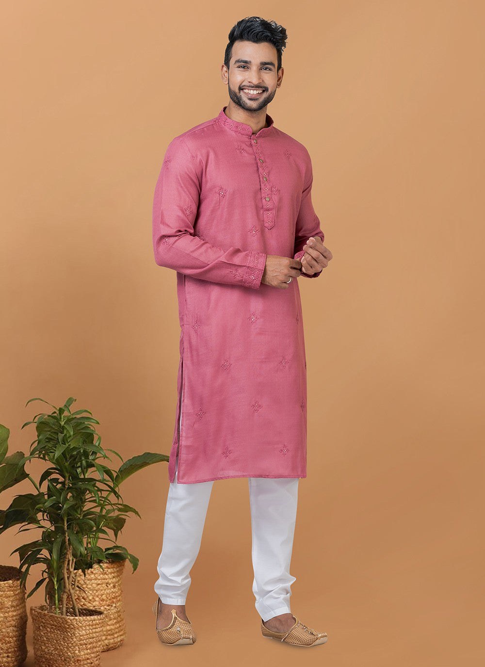 Embroidered Polly Cotton Pink Kurta Pyjama - M6261