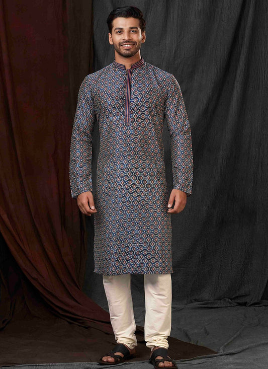 Digital Print Poly Silk Blue Kurta Pyjama - M6842