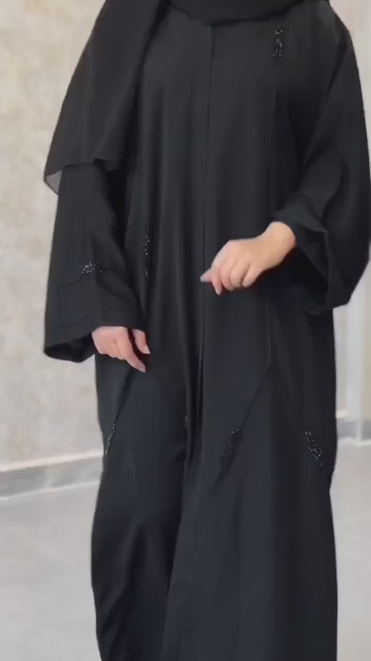 Elegant Black Abaya with Handwork & Flair Sleeves #abaya #modestfashion