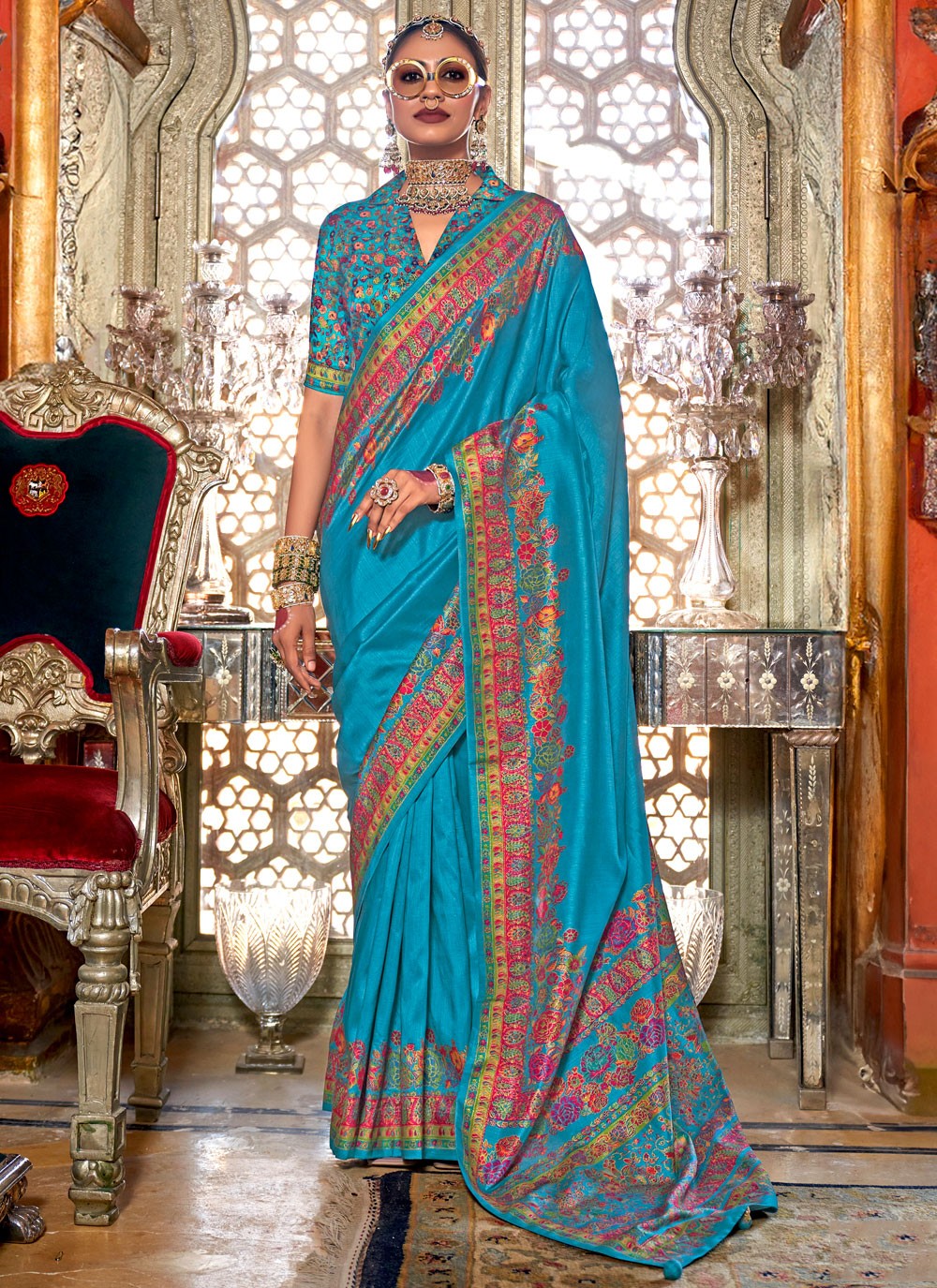 Classic Printed Silk Blue Saree - S10888