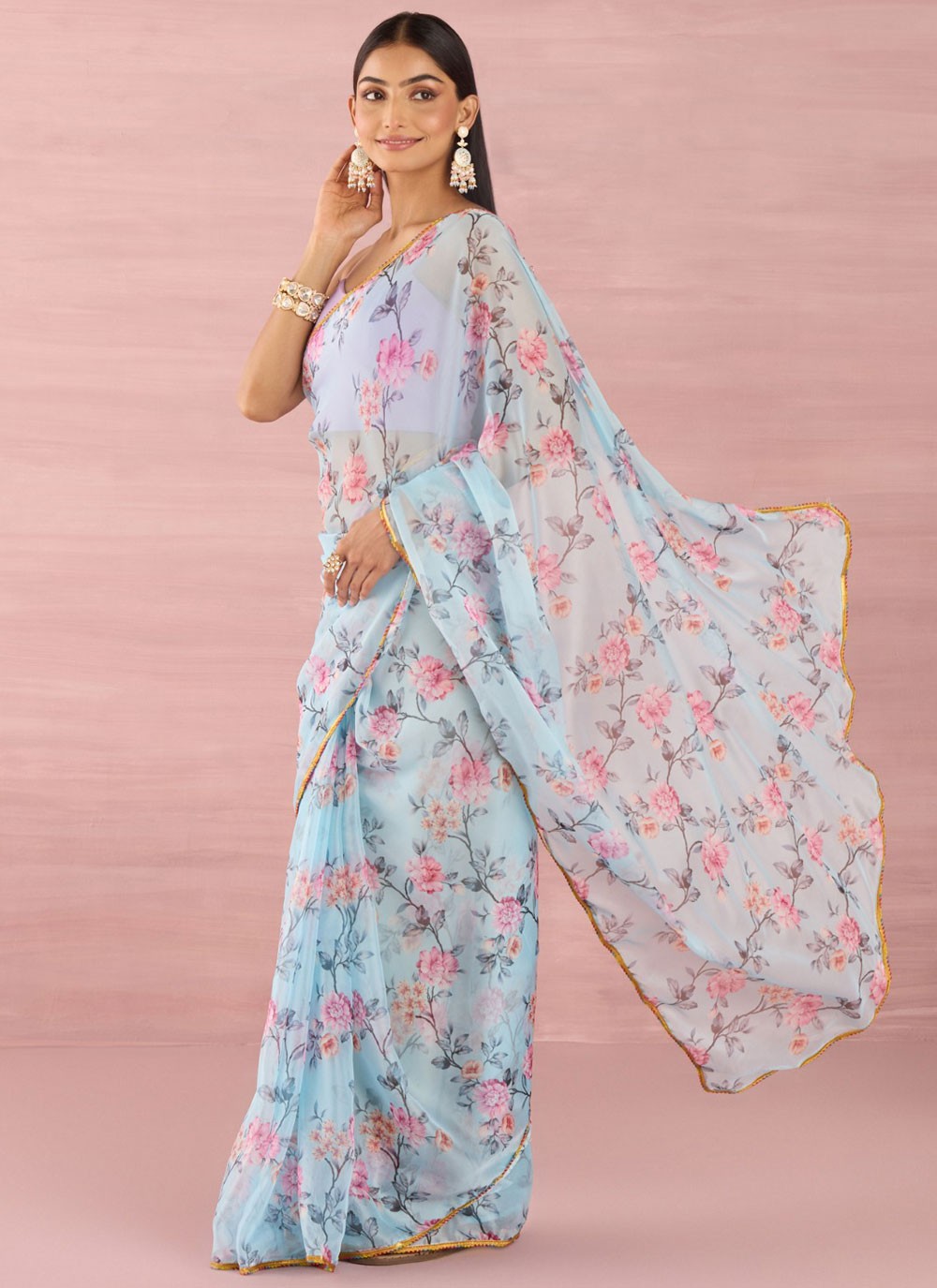 Trendy Printed Georgette Aqua Blue Saree - S10926