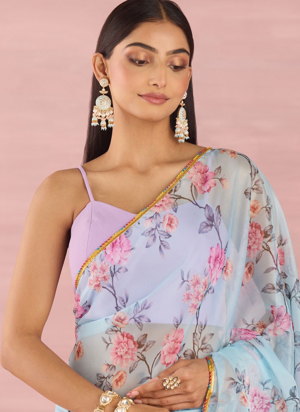 Trendy Printed Georgette Aqua Blue Saree - S10926