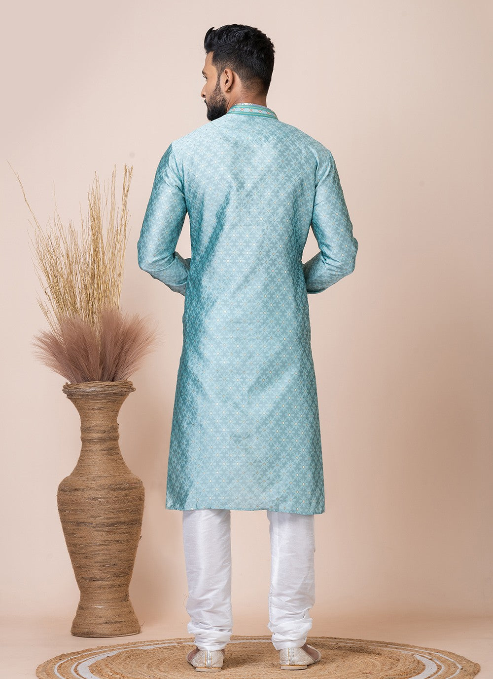 Printed Jacquard Silk Aqua Blue Kurta Pyjama - M8544